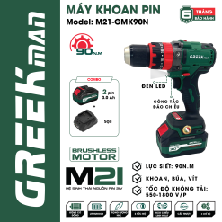 Máy khoan pin Greekman GRM-90N – Lực siết 90N.m | Tốc độ 1750 vòng/phút | Động cơ không chổi than